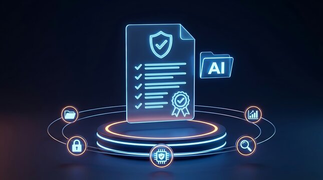 Neon digital document certification shield glowing blue icon interface design for cyber security verification enterprise data protection compliance software system.