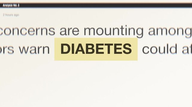 The word Diabetes highlighted within fragments of a news article on an off white background as a match cut animation