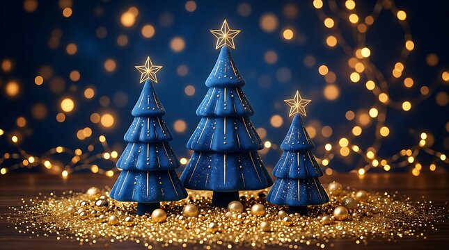 Three elegant blue velvet christmas trees with glowing gold stars on a wooden surface with sparkling golden glitter and bokeh lights in the background