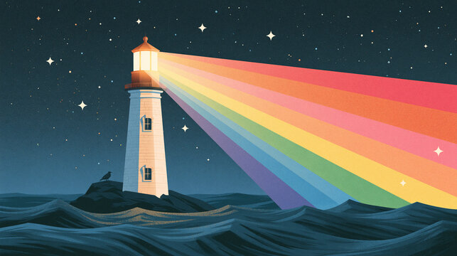 A lighthouse stands on a dark rocky island at night and shines a bright rainbow beam of light across the wavy ocean under a starry sky