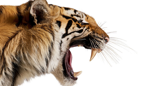 Tiger roaring with open mouth and sharp fangs