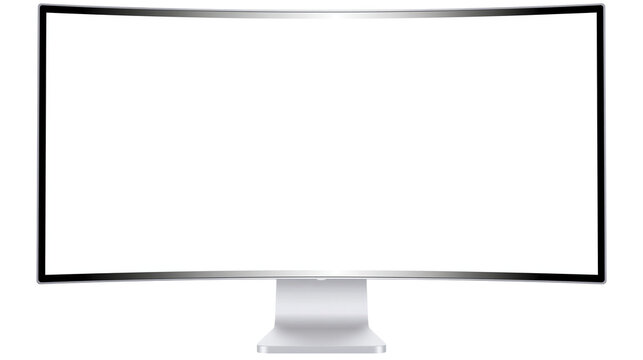 Curved widescreen computer monitor with white screen and silver stand