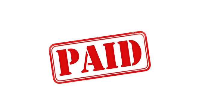 A bold red rubber stamp with the word paid in capital letters, indicating a financial transaction has been completed successfully in a simple and clear design