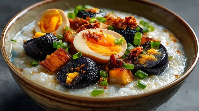 Rice porridge topped with century eggs and scallions is served warm.