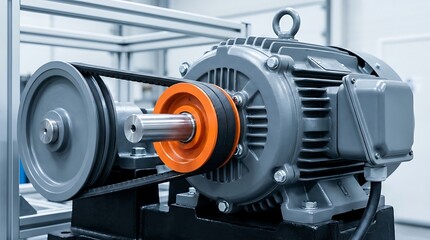 Fototapeta premium Close up of industrial electric motor with V belt drive system connecting pulleys for power transmission in mechanical engineering and automation applications.