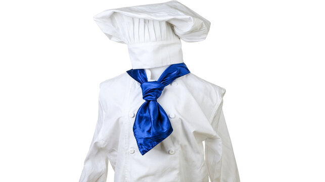 Chef uniform with white toque and blue satin cravat