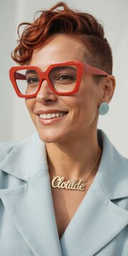 Confident Woman Red Glasses Short Hair Fashion Portrait