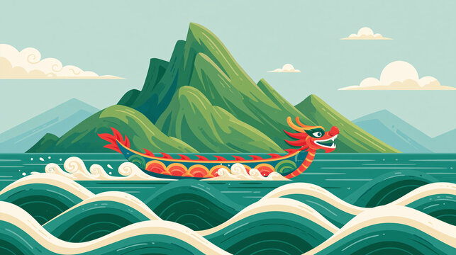 A colorful dragon boat races across the ocean waves with large green mountains in the background during a traditional cultural celebration on a bright summer day