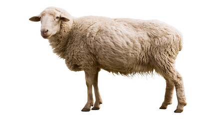 Fototapeta premium Fluffy wool sheep standing profile view