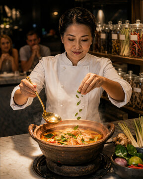 Asian female chef cooking Tom Yum Goong in restaurant