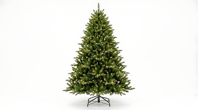 Artificial christmas tree with warm white lights isolated on white background