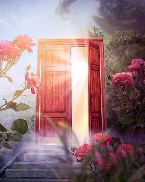 Fantasy enchanted fairy tale forest with magical opening secret wooden door and stairs leading to mystical shine light outside the gate, whimsy fairytale magic rose flower garden in whimsical woods.