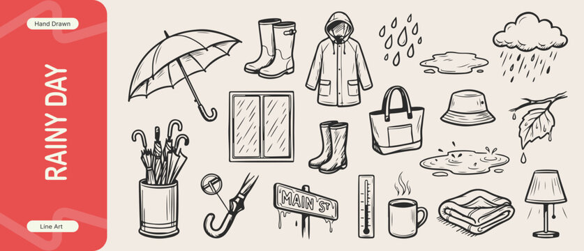 Rainy Day Vector Set, Hand Drawn Autumn Weather & Waterproof Gear Illustration Collection, Umbrella, Raincoat, Rubber Boots, Raindrops, Hot Tea Line Art Doodle Clipart Graphic Design