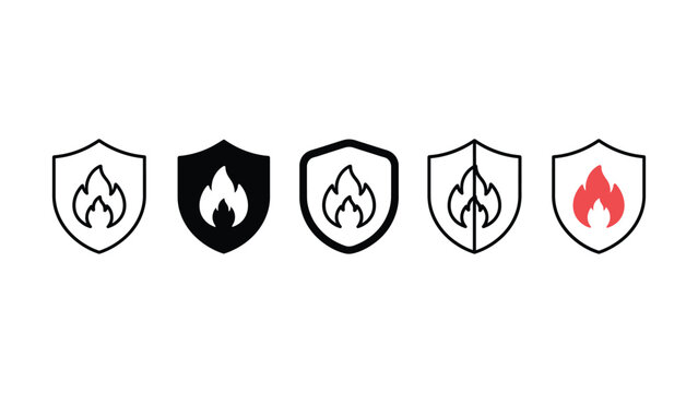 Set of five flat shield icons featuring fire flame symbols representing protection and safety