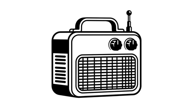Vintage portable radio with antenna and dials illustration.