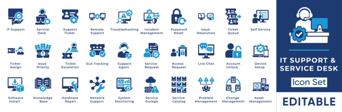 IT support and service desk solid icon set. Includes symbols for remote troubleshooting, ticket escalation, and password reset. Vector icons for helpdesk dashboard and network administration.