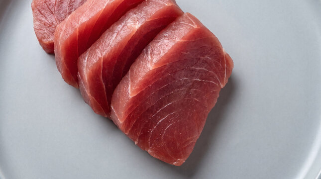 Top-down view of fresh raw red tuna steak slices on a grey plate for seafood ingredient