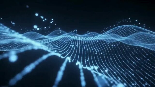 Energy of Abstract Fractal Realms with Blue Waves, Glowing Light, Futuristic Technology Patterns, Virtual Reality Space and Dynamic Universe Background