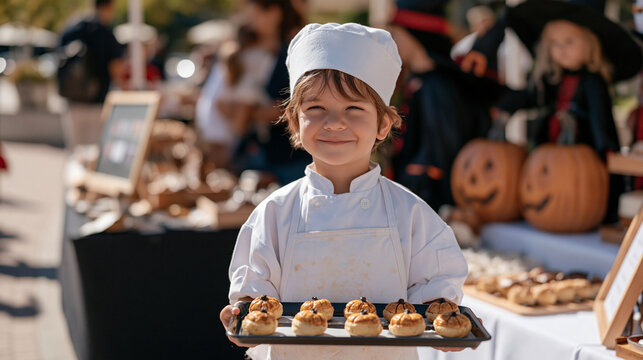 A catering service child apprentice squinting under harsh midday sun at an outdoor Halloween party, tiny chef apron dusted with flour, serving pumpkin themed mini pastries from a