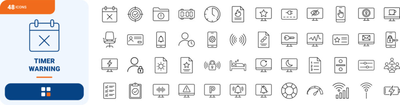 Afk timer warning line icon set. Vector pictograms of inactivity, timeout, idle, and session elements, thin linear illustration.