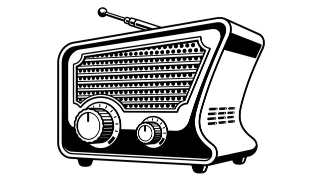 Vintage black and white radio with antenna illustration.