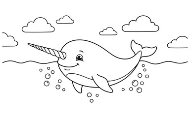 Narwhal illustration with bubbles and clouds on a black background © Husen