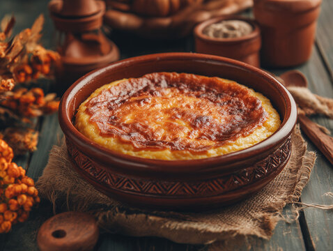Traditional Chilean pastel de choclo in rustic clay dish, warm autumn atmosphere, Chilean Independence celebration decor, premium food styling, no people