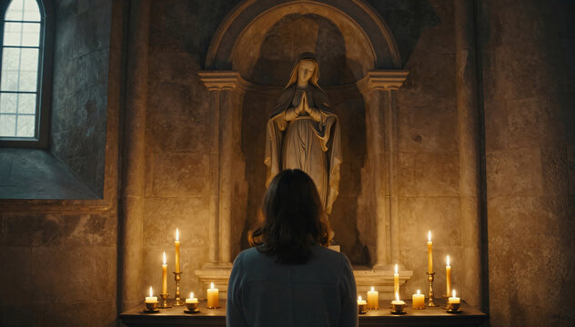 Woman praying in front of a religious statue in a dimly lit church with glowing candles