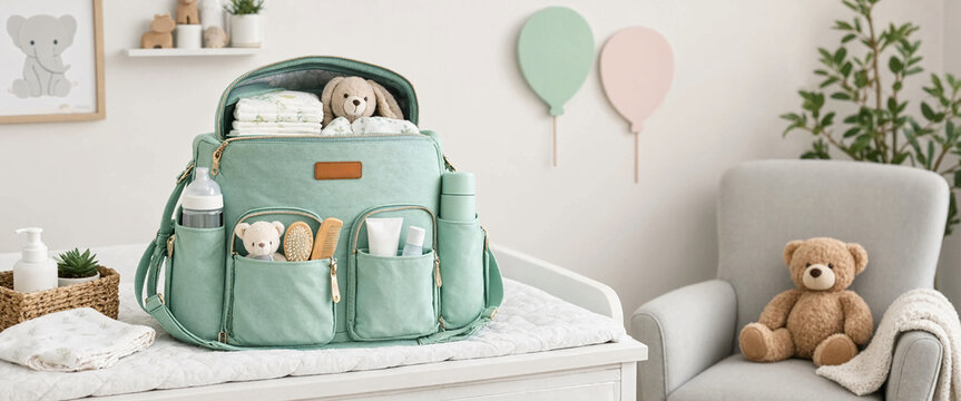 Mint diaper bag on white nursery bed with teddy bear and baby shower balloons for parenting lifestyle