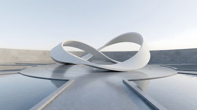 Abstract white infinity sculpture standing on a reflective dark platform against a bright clear sky background