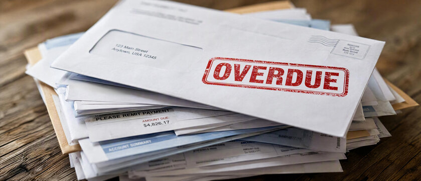 Stack of overdue mail envelopes with red stamp on a rustic wooden table background.