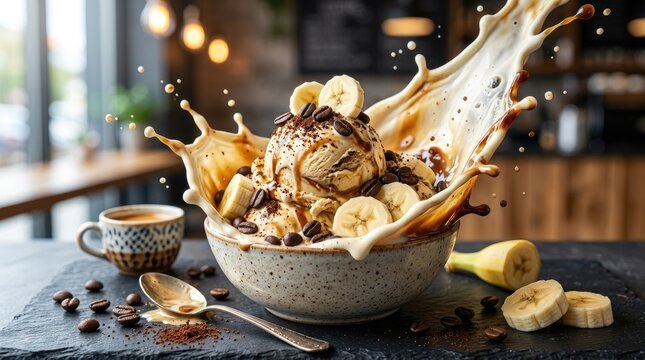 A delicious coffee ice cream sundae overflows its bowl with a dramatic splash of caramel sauce.