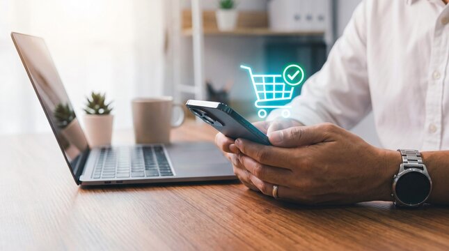 Man shopping online with smartphone and laptop for secure digital e-commerce transaction.