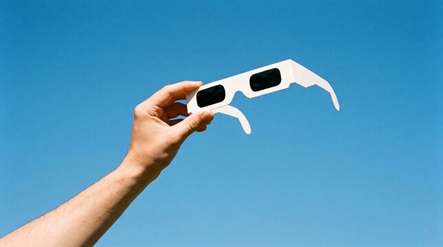 Hand holding solar eclipse glasses against a clear blue sky for safe sun viewing.