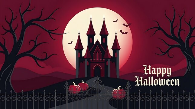 Spooky haunted castle silhouette standing in front of a giant full moon with bare trees and bats for halloween celebration