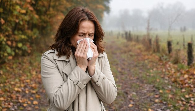 Young woman sneezing outdoors in autumn holding tissue to nose during allergy season