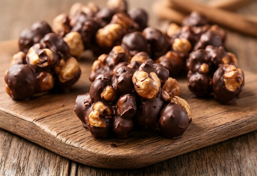 Gourmet chocolate covered popcorn clusters, sweet snack food and dessert, indulgent treat on a rustic wooden board