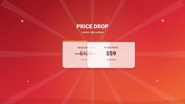Price drop announcement with original and sale price displayed on a modern interface with red background and radial