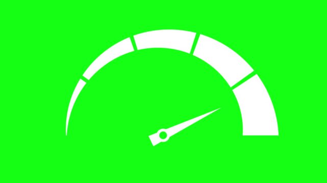 Speedometer animated white gauge needle accelerating to maximum on 4k green screen background