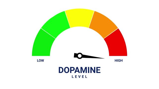 Dopamine level animated speedometer needle rising from low to high on 4k white background