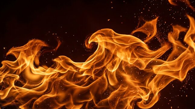 Dynamic orange fire flames swirling in intense heat wave motion against black background