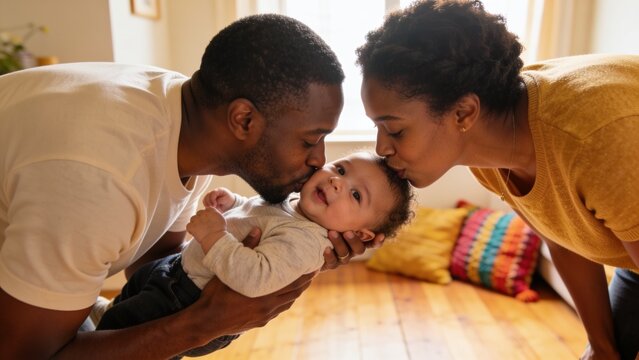 Loving parents gently holding and kissing their small baby while spending quality time together at home.