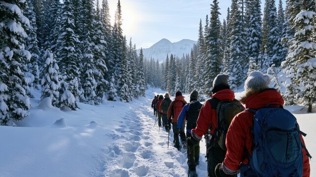 Group of adults snowshoeing on a snow-covered forest trail near Molas Pass, Colorado
