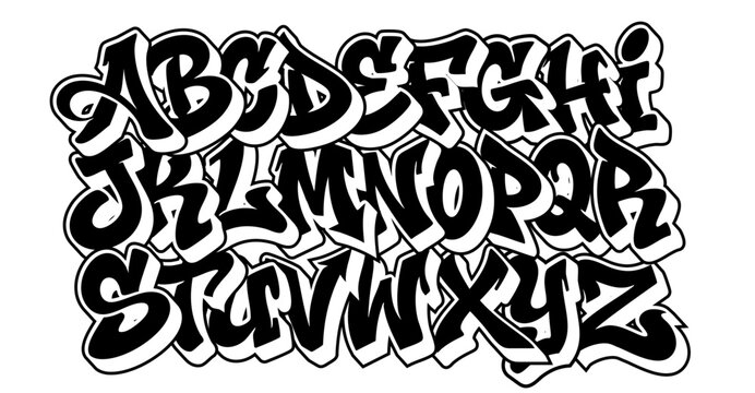 Graffiti alphabet with black bubble letters on white background