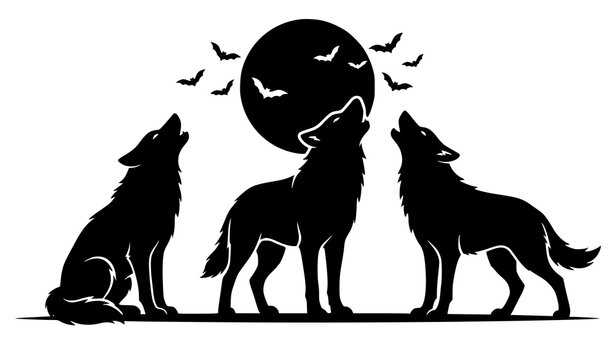 Howling Wolf Pack with Full Moon and Flying Bats Monochrome Vector Set