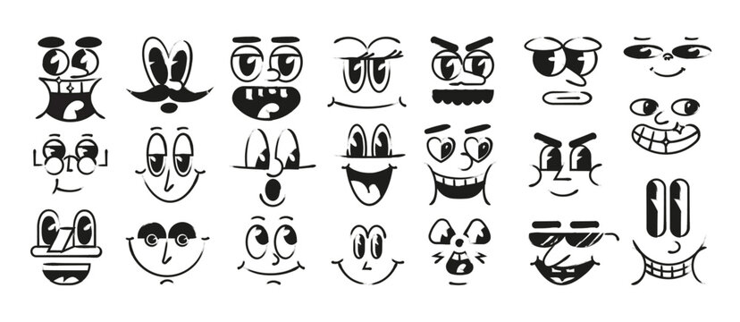 Big set of retro cartoon face expression, vintage comic smile and funny mascot eye and mouth in classic rubber hose style.