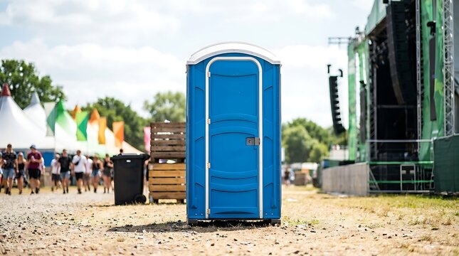 Blue portable toilet standing on dry grass at outdoor music festival venue with concert stage structure and tents for public convenience and sanitation usage.
