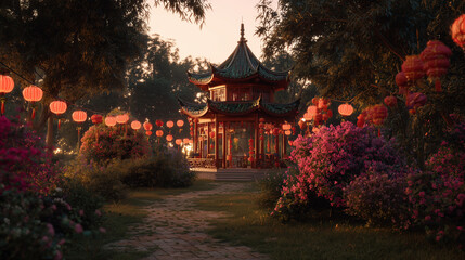 Obraz premium Traditional Chinese pavilion surrounded by festive lantern decorations, flowering gardens, peaceful celebration atmosphere, cinematic golden hour, ultra realistic, commercial stock quality, no people