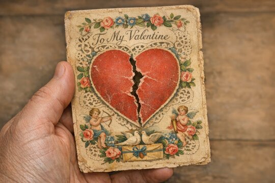 A person holds a book with a broken heart symbol, symbolizing love and sorrow