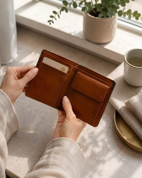 Credit card inside open leather wallet at home, personal budgeting and everyday finance concept